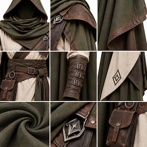 May include: A dark olive green hooded cloak with brown leather trim, featuring a layered belt with a small pouch, a buckled forearm bracer, and a cream-colored fabric panel with a diamond-shaped emblem. The ensemble includes metallic accents.