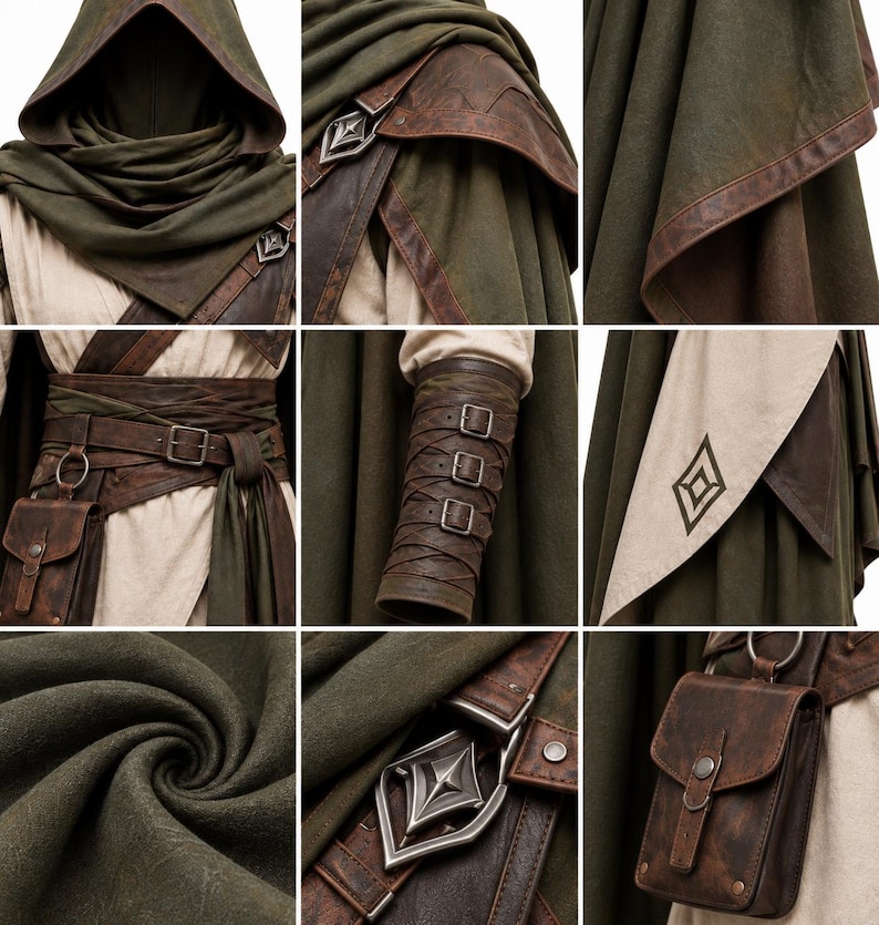 May include: A dark olive green hooded cloak with brown leather trim, featuring a layered belt with a small pouch, a buckled forearm bracer, and a cream-colored fabric panel with a diamond-shaped emblem. The ensemble includes metallic accents.