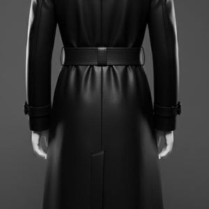 May include: A long, black leather trench coat with a belted waist and a notched collar. The coat has long sleeves with buttoned cuffs and a back vent. The coat is displayed on a mannequin.