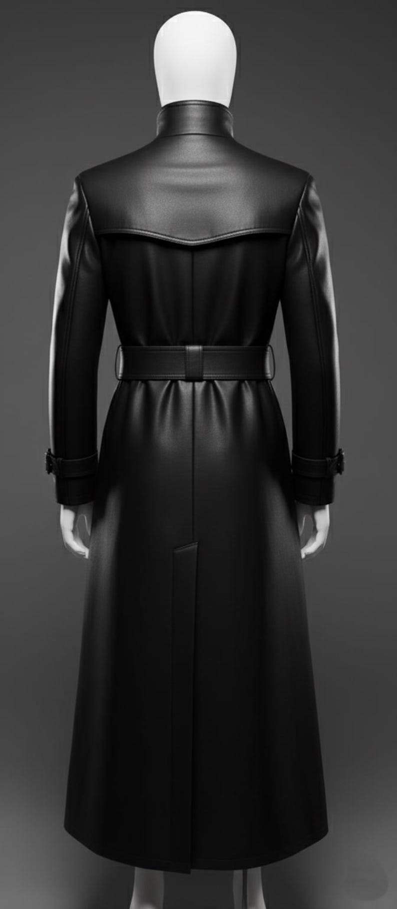 May include: A long, black leather trench coat with a belted waist and a notched collar. The coat has long sleeves with buttoned cuffs and a back vent. The coat is displayed on a mannequin.