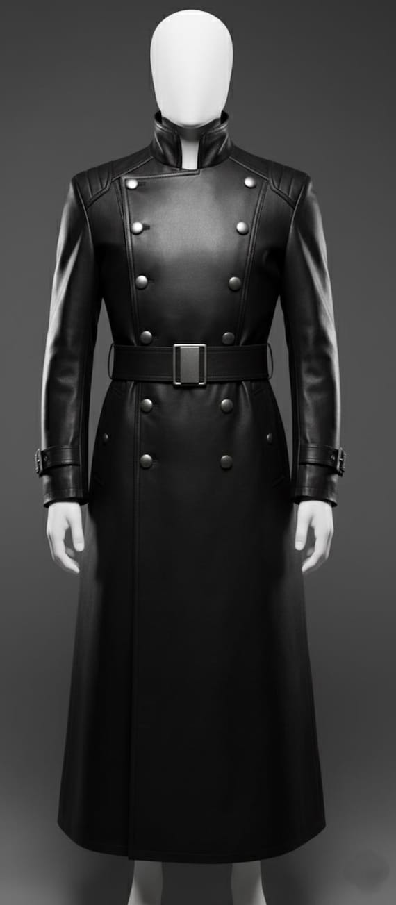 Men’s Black Military Trench Coat | Double-Breasted Long Leather Overcoat | Gothic Steampunk Officer Jacket