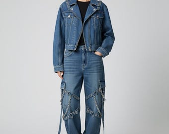 Baggy Denim Set: Punk Utility Jeans and Jacket with Straps & Chains