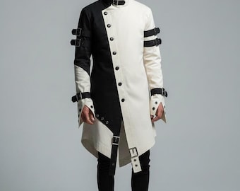Gothic Black & White Buckle Coat | Long Steampunk Jacket | Alternative Streetwear Trench