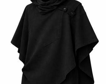 Black Hooded Poncho Cloak, Gothic Medieval Asymmetrical Tunic, Cosplay Costume