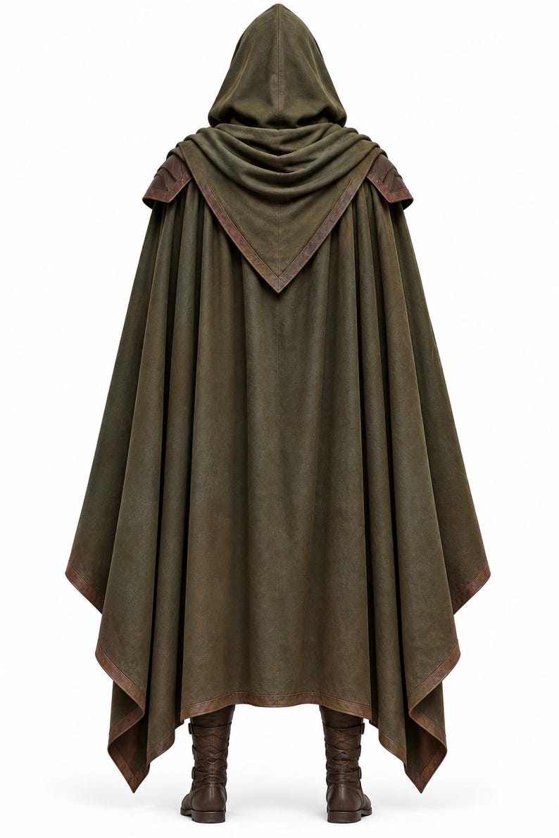 May include: An olive green hooded cloak featuring a structured hood, draped fabric panels, and brown leather-like trim along the edges and shoulder sections. The garment hangs in vertical folds and is paired with brown lace-up boots at the base.
