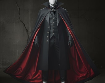 Gothic Vampire Costume : Black and Red Satin Cloak Victorian Costume