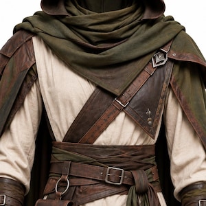 May include: A hooded cloak in olive green worn over a cream-colored tunic. The outfit features brown leather straps, a wide leather belt with a metal buckle, a small leather pouch, and brown leather bracers with buckles on the forearms.