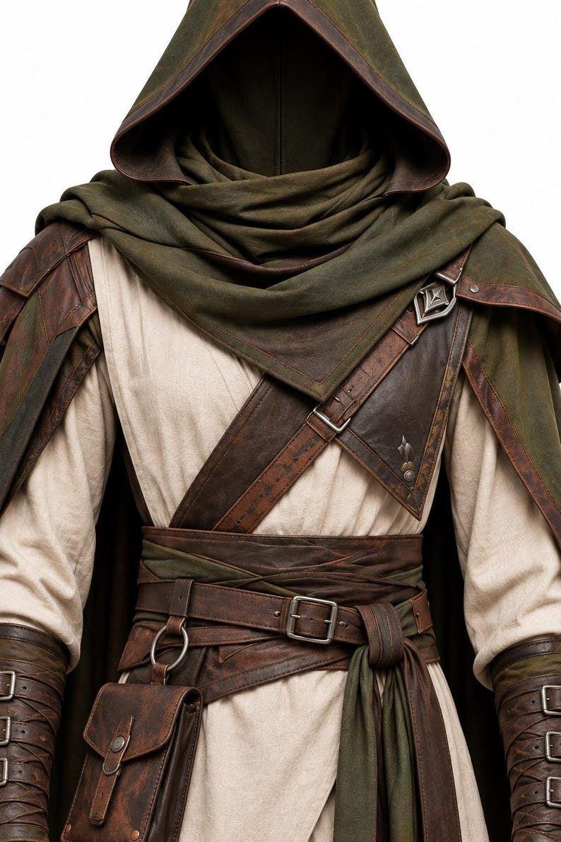 May include: A hooded cloak in olive green worn over a cream-colored tunic. The outfit features brown leather straps, a wide leather belt with a metal buckle, a small leather pouch, and brown leather bracers with buckles on the forearms.