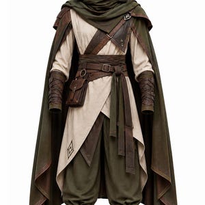 medieval ranger costume, fantasy ranger outfit, hooded ranger cloak, green medieval cloak, woodland warrior costume, medieval adventurer outfit, fantasy rogue costume, LARP ranger costume, hooded warrior outfit, Renaissance fantasy costume, medieval tunic and cloak, green fantasy cape, men’s fantasy costume, unisex medieval costume, handmade ranger outfit.