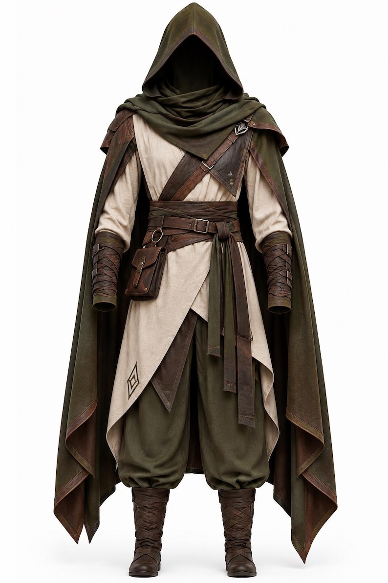 medieval ranger costume, fantasy ranger outfit, hooded ranger cloak, green medieval cloak, woodland warrior costume, medieval adventurer outfit, fantasy rogue costume, LARP ranger costume, hooded warrior outfit, Renaissance fantasy costume, medieval tunic and cloak, green fantasy cape, men’s fantasy costume, unisex medieval costume, handmade ranger outfit.