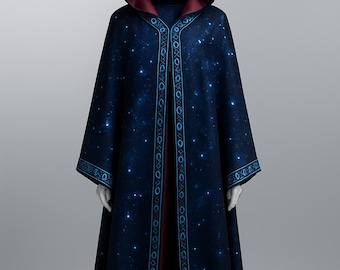 May include: A dark blue hooded cloak with a celestial design. The cloak features a pattern of stars and a decorative border in a lighter blue. The interior lining of the hood and the inner part of the cloak is a deep red color.