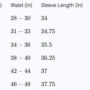May include: A clothing size chart showing measurements in inches. Sizes range from XS to XXL, with chest, waist, sleeve, and body length details. The chart is clearly laid out, providing easy-to-read sizing information.