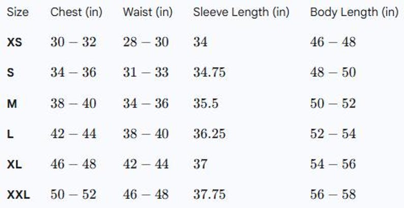 May include: A clothing size chart showing measurements in inches. Sizes range from XS to XXL, with chest, waist, sleeve, and body length details. The chart is clearly laid out, providing easy-to-read sizing information.