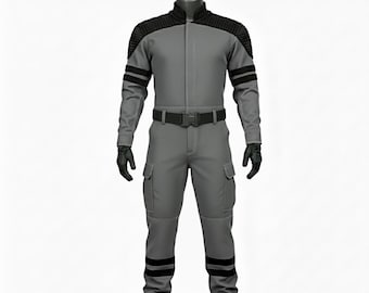May include: A gray jumpsuit with black accents, displayed on a mannequin. The suit features a zip-up front, a black belt, and black stripes on the sleeves and legs. Black gloves complete the outfit. The shoulders have a textured design.