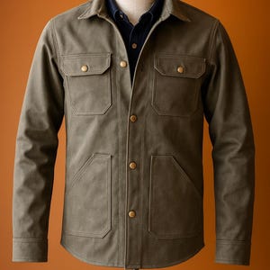 Può includere: Giacca verde oliva con quattro tasche frontali e bottoni color ottone. La giacca ha un colletto ed è esposta su un manichino. Sotto si vede una camicia blu scuro. Giacca in stile classico.