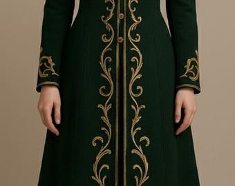 Elegant Forest Green Embroidered Long Coat | Gothic Fantasy Women’s Winter Coat
