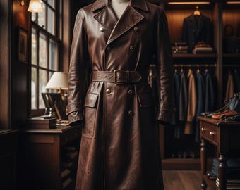 Handmade Brown Leather Trench Coat: Men's Double-Breasted Vintage Jacket