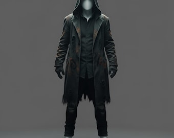 Dark Gothic Hooded Canvas Trench Coat - Distressed Post-Apocalyptic Costume