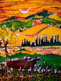 Jersey Cows at Summer Sunset -- Summer heat - farm -  original batik painting