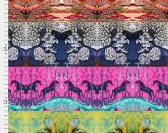 Spring woodlands, horses and fantasy art fabric  - yard cotton - mirror repeat image from three original batik