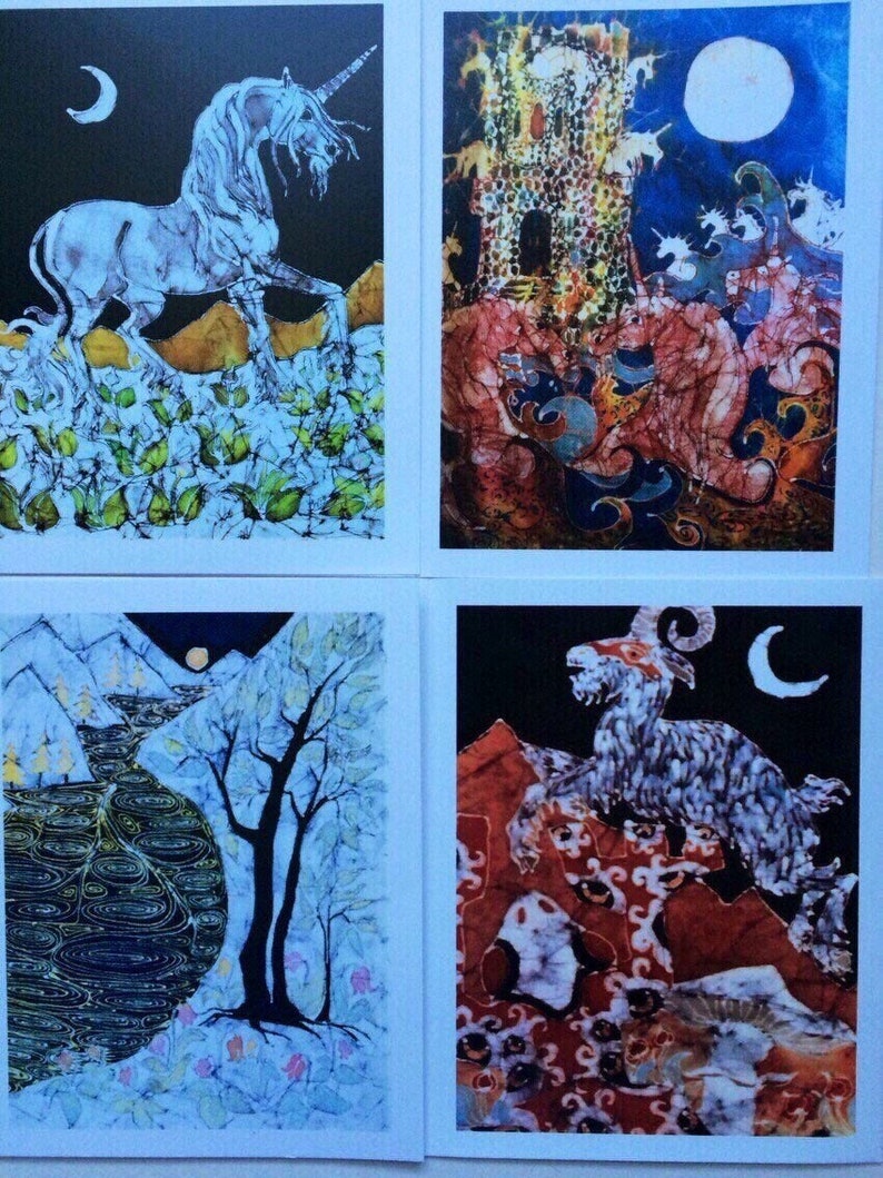 Fantasy Landscape batik cards set Enchanted landscapes series Set of four Magical blank Cards image 1