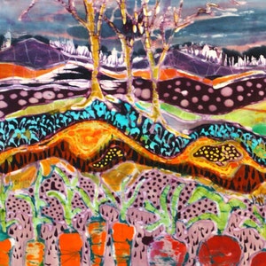 May include: Abstract painting of a landscape with trees, a purple sky, and a field of carrots and beets. The painting is done in a vibrant style with bright colors and bold lines.