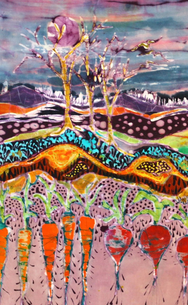 May include: Abstract painting of a landscape with trees, a purple sky, and a field of carrots and beets. The painting is done in a vibrant style with bright colors and bold lines.
