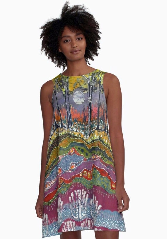 batik a line dress Batik A-Line Dress: Moonlight Over Spring Landscape Art