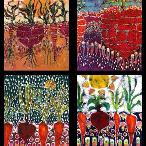 May include: Four colorful batik paintings depicting a garden scene with carrots and beets. The paintings are in a grid format with a sun, rain, and a brick wall.