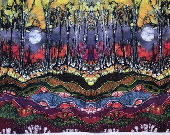 Moonlight over Spring - batik fabric panel from original batik - Custom printed fabric