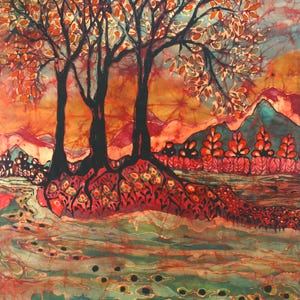 River Sunrise  -  Batik art  - Water Currents  -   very large, mirror print  - original batik