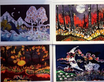 Magical Landscape Cards - Batik art cards  Evening in a Gentle Place, Moon of all Time , mystical Garden Moon, Sheep in Moonlight
