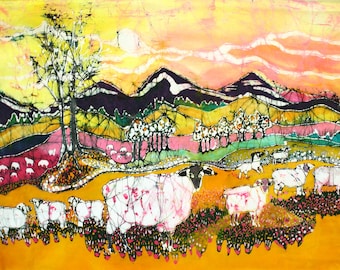 Sheep On a Sunny Summer Day - 16" x 20"   Art fabric from original batik - Quilting