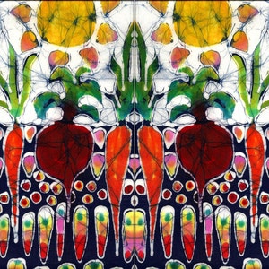 May include: A batik painting depicting a garden scene with carrots and beets. The painting is done in a vibrant color palette of red, orange, yellow, green, and blue. The background is a dark blue.
