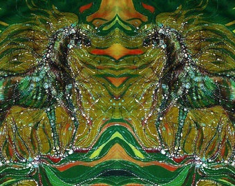Horse art fabric - Horse Rises From the Earth - batik art fabric   -  Custom printed from original batik  - Fiber art supply