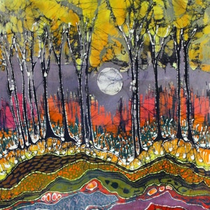 May include: A batik painting depicting a forest scene with a full moon in the background. The trees are stylized and have a dark outline with white details. The forest floor is a vibrant mix of orange, yellow, green, and red.