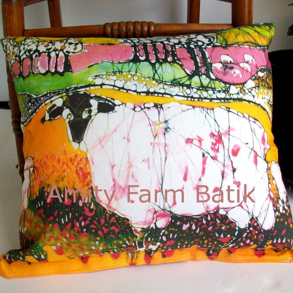 Sheep on a Sunny Summer Day - Throw Pillow 16.5"x16.5" - Batik printed fabric