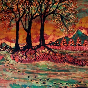 River Sunrise - art fabric from original batik -  Batik magical woodland art - quilters supply