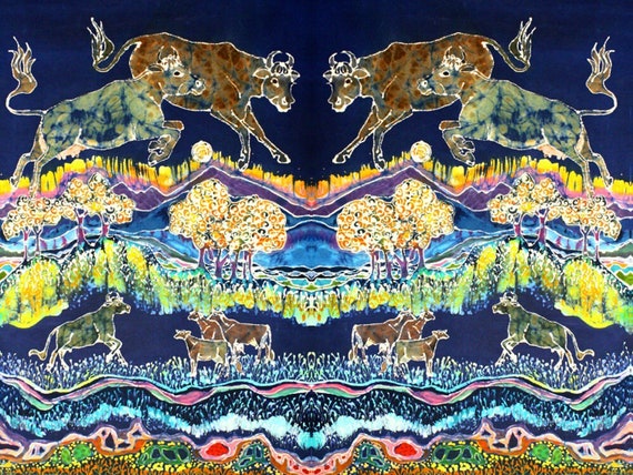 Cows Jumping Over The Moon  - batik fabric from original - Custom printed fabric-Applique quilt panel