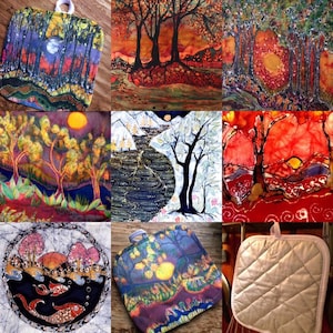 May include: A collage of nine colorful pot holders featuring batik designs with nature scenes, including trees, flowers, and landscapes. The pot holders are made of fabric and have a quilted texture.