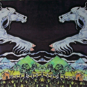 May include: A symmetrical painting of two white winged horses with blue and purple accents flying over a landscape of green hills and blue water. The background is a dark blue.