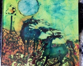 Horse Cutting Board -  Horses in Hot Summer Breeze -  from original batik by Carol -  8" x 11" tempered glass