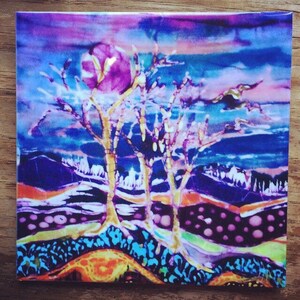 May include: Abstract painting of three trees with a purple sky and colorful landscape. The trees have white branches and a purple flower at the top. The landscape is a mix of blue, green, yellow, orange, and purple.