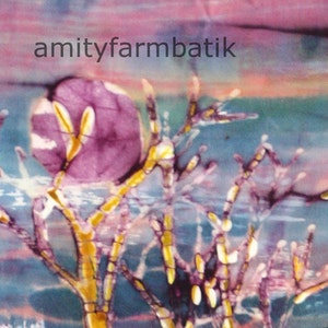May include: A purple and white batik painting with a tree-like design and the text "amityfarmbatik".