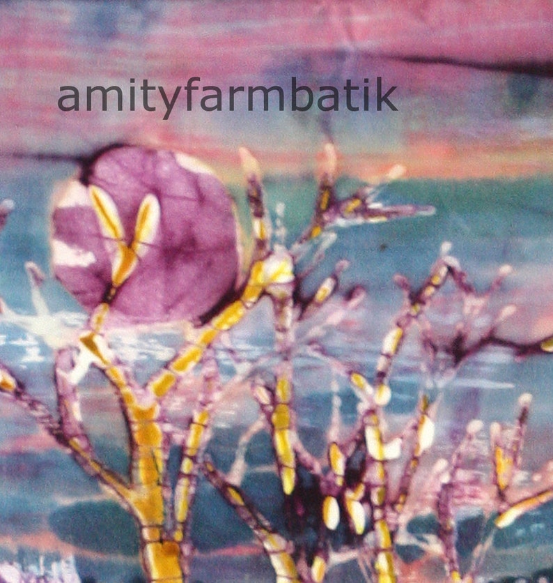May include: A purple and white batik painting with a tree-like design and the text "amityfarmbatik".