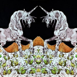 May include: A symmetrical illustration of two white unicorns facing each other against a black background. The unicorns have long manes and horns, with a crescent moon on each side. The foreground features green and white foliage.