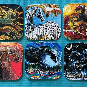 May include: Six square-shaped coasters with colorful batik designs featuring horses. Each coaster has a different design and color scheme, including black, white, blue, red, and yellow.