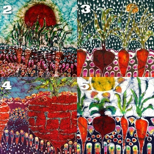 May include: A vibrant batik artwork featuring four distinct panels, each showcasing colorful depictions of root vegetables. The panels display carrots, beets, and other produce with a bright, artistic style. The artwork has a unique, handmade feel.