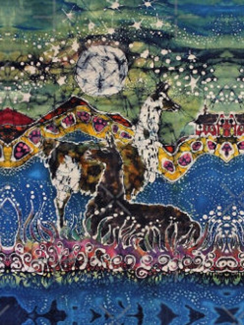 Unicorns Fantasy Tote Bag \u2022 Batik Art \u2022 Fantasy Llamas Mask Cows Over Moon