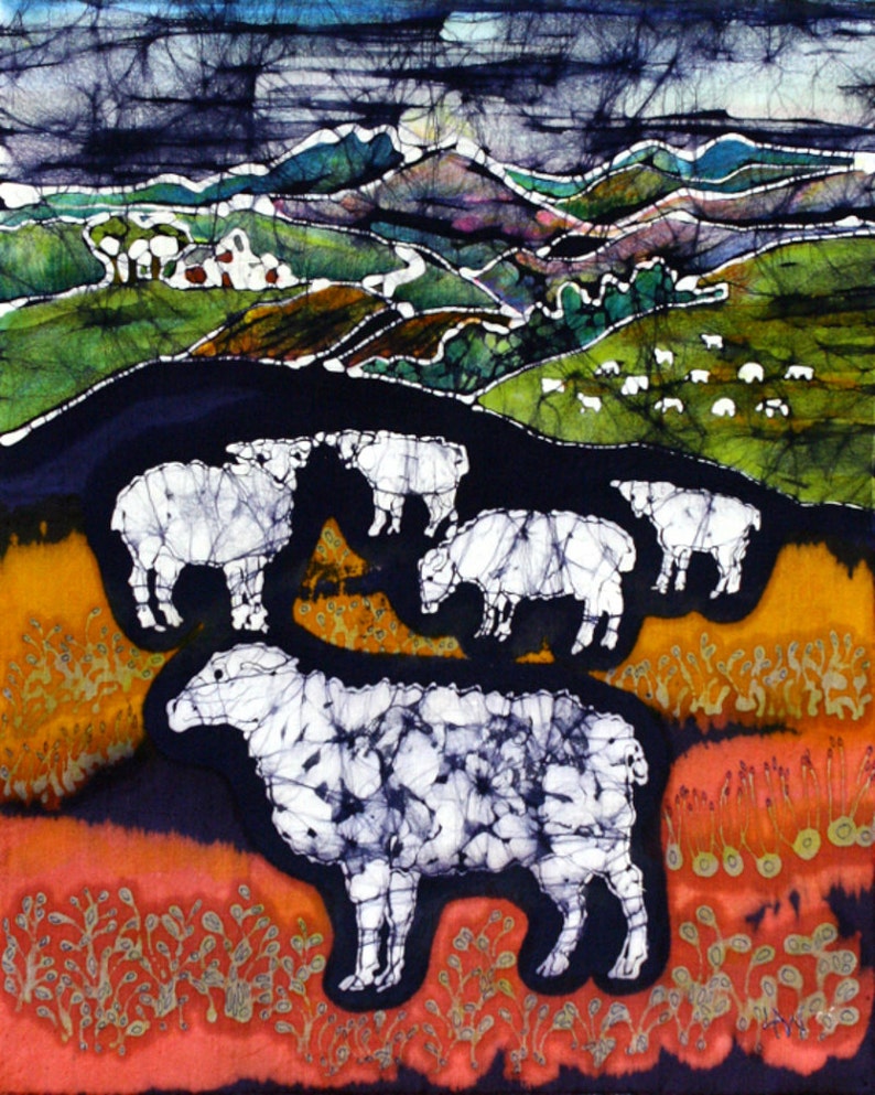 Sheep Cutting Board 8 x 11 Sheep at Midnight Detail from original batik by Carol